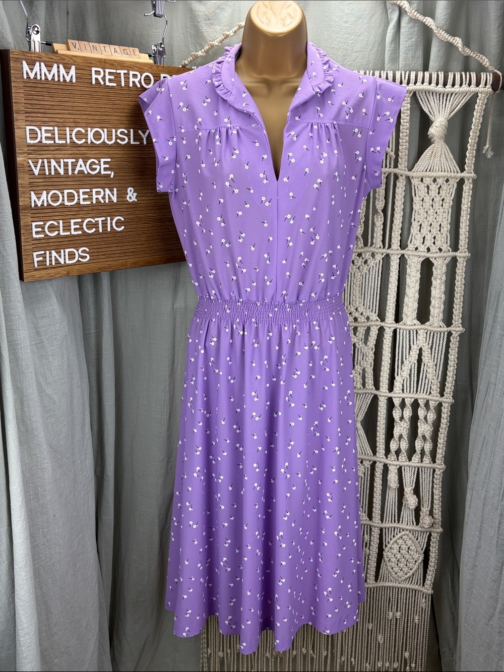 Lilac Floral Cap-Sleeve Midi Dress with Shirred Waist
